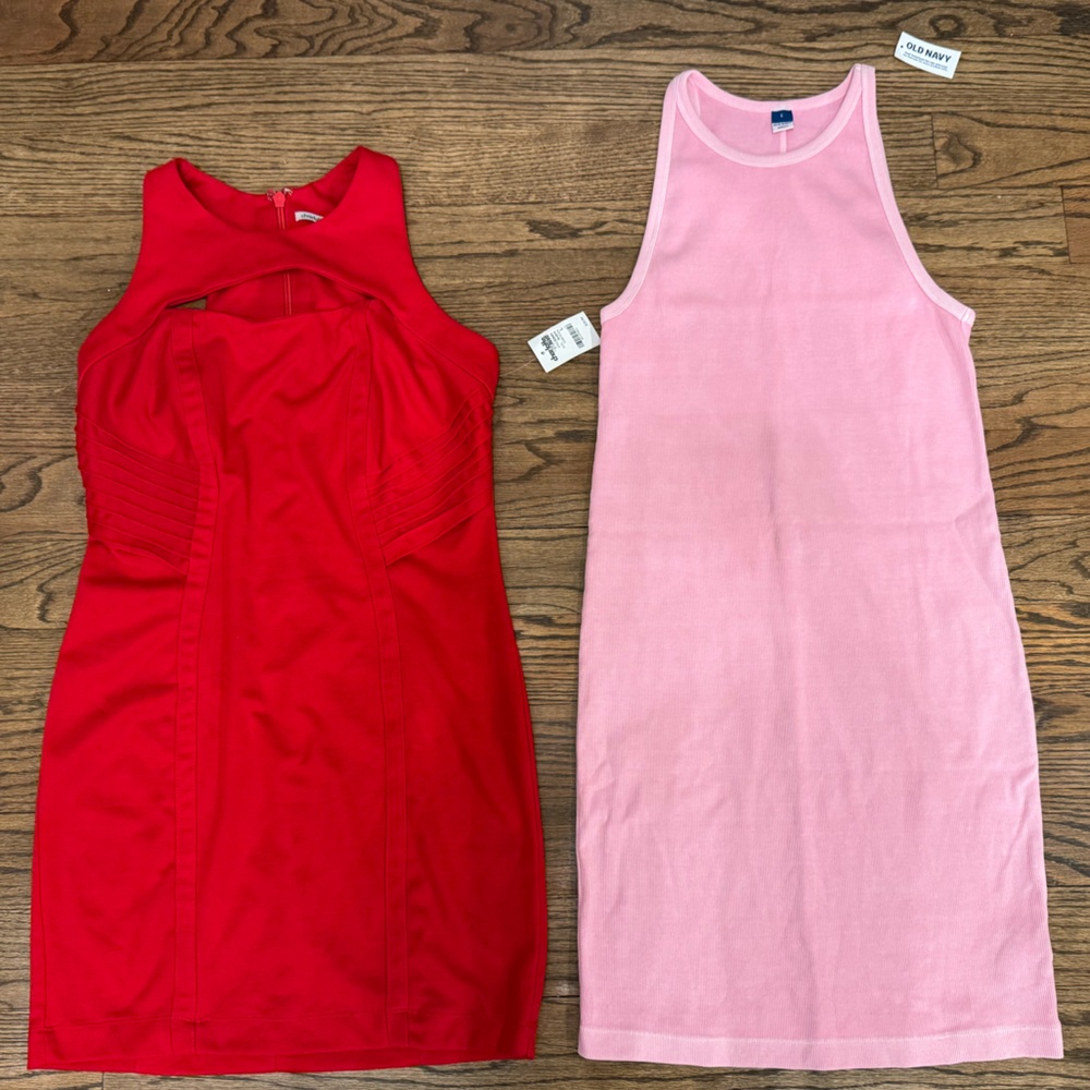 Old Navy Pink Ribbed Tank Dress NWT + Red Sleeveless Sheath Dress Bundle Size L